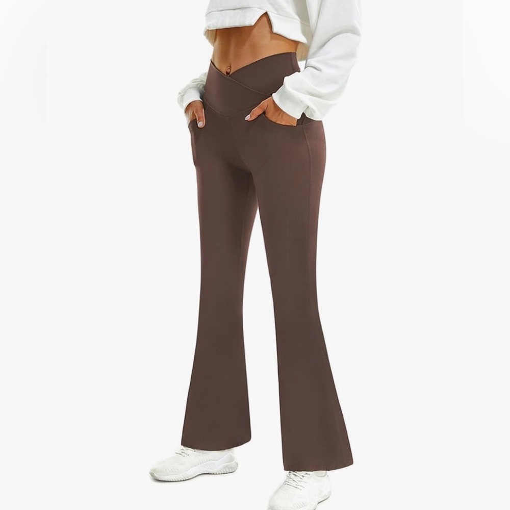 Brown Crossover Flare Leggings with Pockets